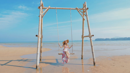 Tropical beach swing with woman in dress, enjoying summer vacation by the sea.の写真素材