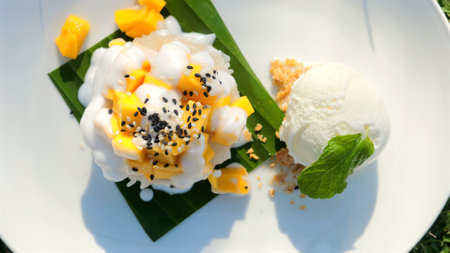 Exotic Thai dessert with mango, sticky rice, and coconut milkの写真素材