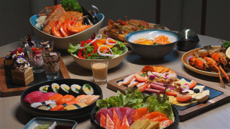 Array of diverse and colorful dishes, including sushi, seafood, saladsの写真素材