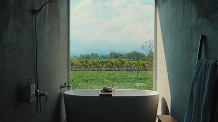 Modern Bathroom with Scenic View of Nature from Bathtub, Tranquil and
