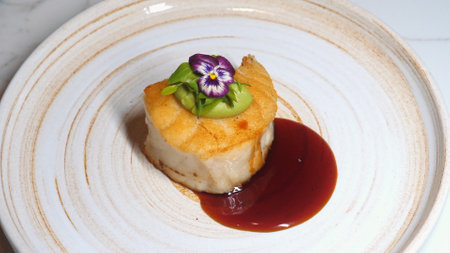 Exquisite gourmet scallop dish garnished with vibrant microgreens andの写真素材