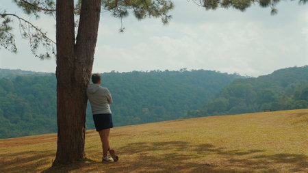 Person Standing by Tree Overlooking Scenic Mountain Landscape, Sereneの写真素材