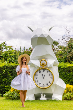 Woman in white dress and straw hat stands in garden next to largeの写真素材