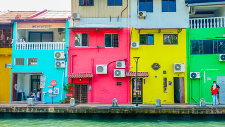 Vibrant facades of colorful colonial buildings in Malacca, Malaysia.のeditorial素材