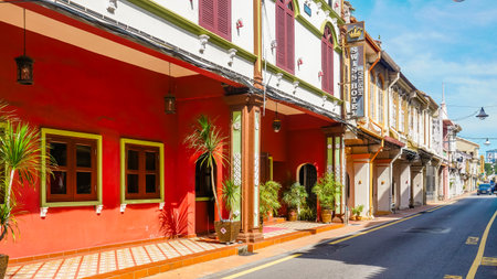 Vibrant red facade of heritage houses narrow street in Malacca,のeditorial素材