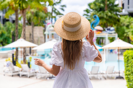 Woman in straw hat enjoying tropical resort pool view. Relaxation,の写真素材