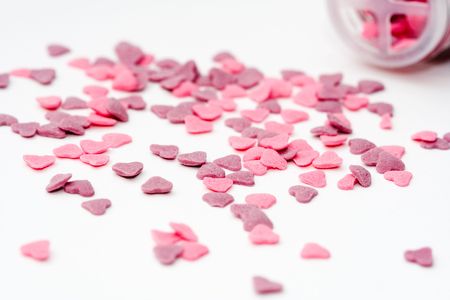 Pink and purple heart shaped decorations for baking