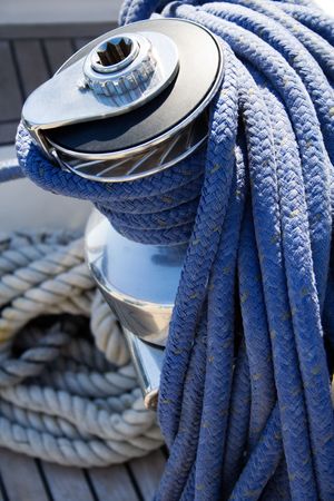 Lots or rope on the deck of sailboatの写真素材
