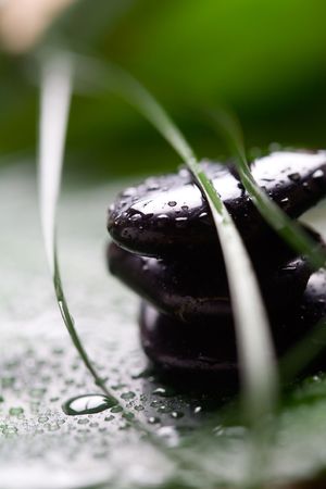 Black massage stones with water dropsの写真素材