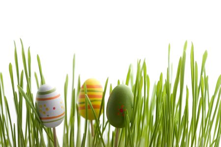 Colorful easter eggs and grass isolated on white の写真素材