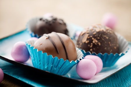 Close up of chocolate pralines with shallow focus