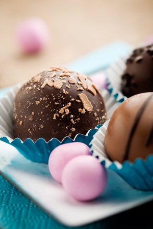 Close up of chocolate pralines with shallow focusの写真素材
