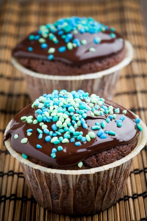 Delicious decorated chocolate muffins with selective focusの写真素材