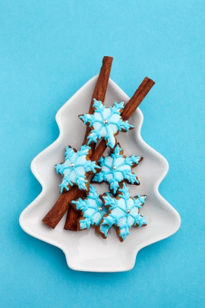 Gingerbread cookies decorated with light blue and whiteの写真素材