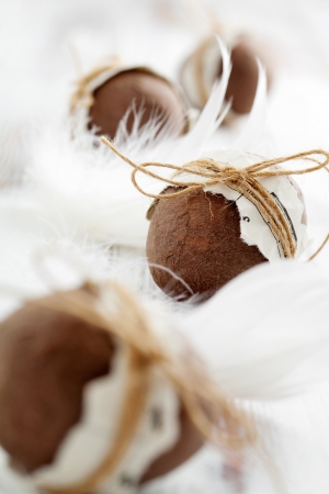 Brown easter eggs with musical notes and ribbonの写真素材