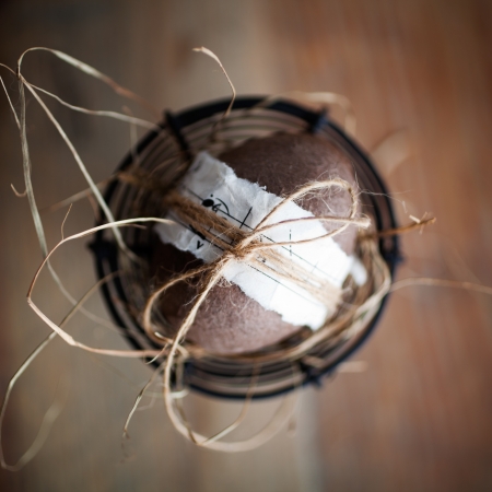 Brown easter eggs with musical notes and ribbonの写真素材