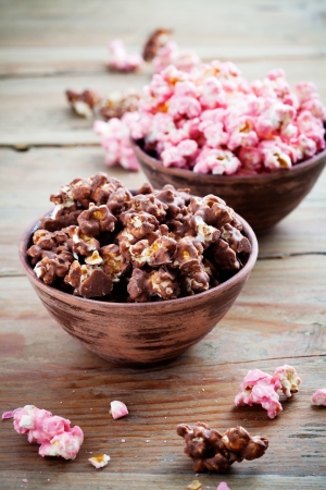 Chocolate pop corn in brown and pink の写真素材