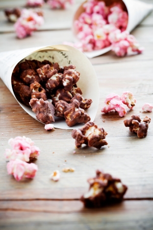 Chocolate pop corn in brown and pink の写真素材