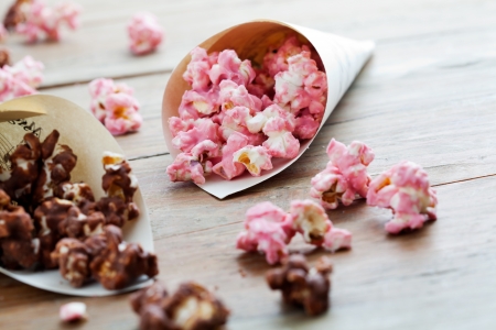Chocolate pop corn in brown and pink の写真素材