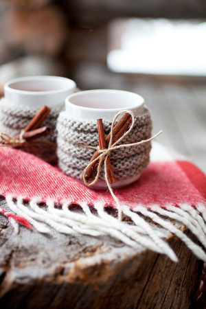Mulled wine in mug with mug warmerの写真素材