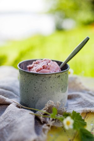 Homemade strawberry ice cream on tableの写真素材