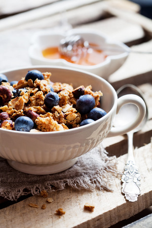 Homemade granola with milk and fresh blueberriesの写真素材