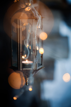 Lantern and led christmas lights hangingの写真素材