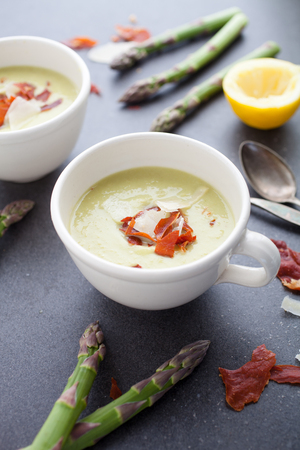 Asparagus soup wit roasted prociuttoの写真素材