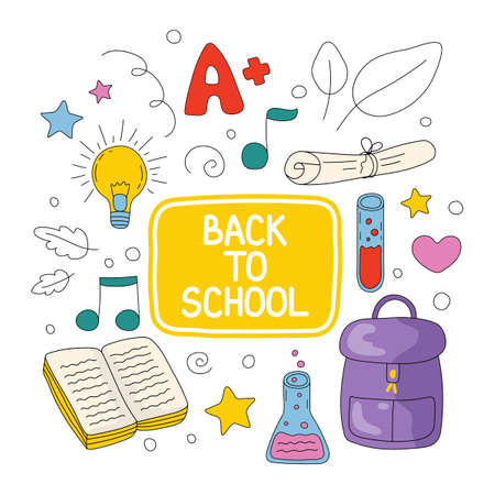 Welcome back to school text drawing with school items and elements. vector illustration bannerのイラスト素材