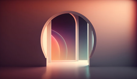 3d rendering of an arch in a room with light from the windowの素材