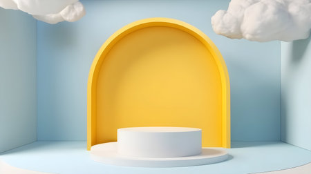 3D Render of Yellow Product Display on Light Blue Background with Baseの素材