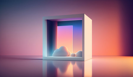 3d illustration of opened window with sky and clouds. Minimal conceptの素材