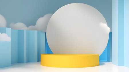 3D Render of Light Blue Product Display with Base on Yellow Backgroundの素材