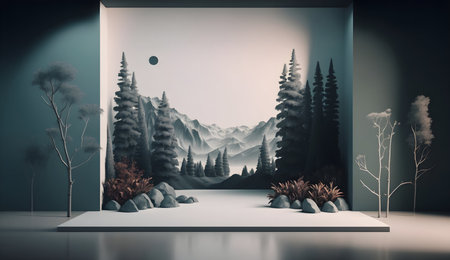 3D Render of Nighttime Scandinavian Forest Room with Mountainous Landscape Backgroundの素材