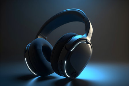 3D Render of Black Headphones with LED Light with Dark Backgroundの素材