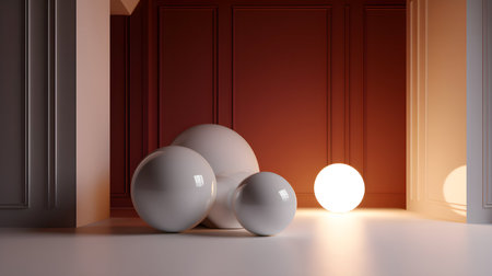 3d rendering of white balls in a room with a red wallの素材