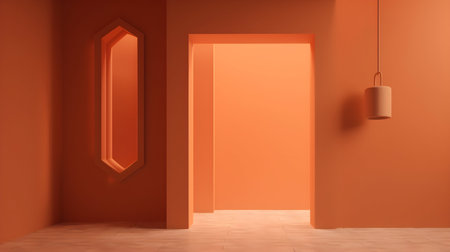 3d rendering of an orange room with a door and lampの素材