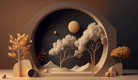 3D Render of Evening Scandinavian Room with Mountainous Landscape Backgroundの素材