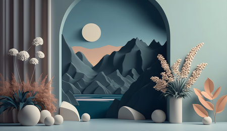 3D Render of Daytime Scandinavian Nature Room with Mountainous Landscape Backgroundの素材