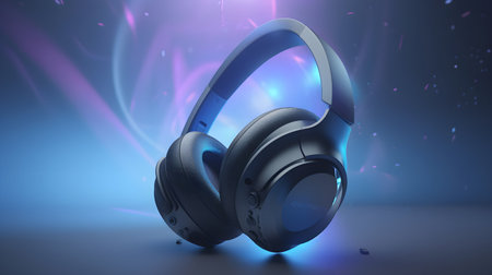 3D Render of Black Headphones Headset with Space Backgroundの素材