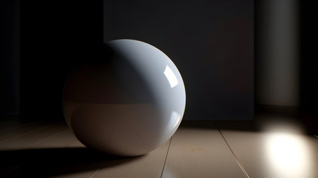 3d rendering of a white ball on a wooden floor in a dark roomの素材