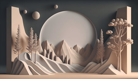 3D Render of Daytime Scandinavian Nature Room with Mountainous Landscape Backgroundの素材