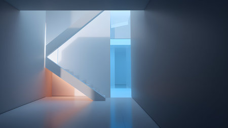 3D rendering of a corridor in a modern office building with a bright blue lightの素材