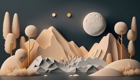 3D Render of Nighttime Scandinavian Nature Mountainous Landscape Backgroundの素材
