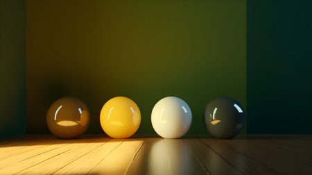 3d render of a room with four yellow, white and black balls.の素材
