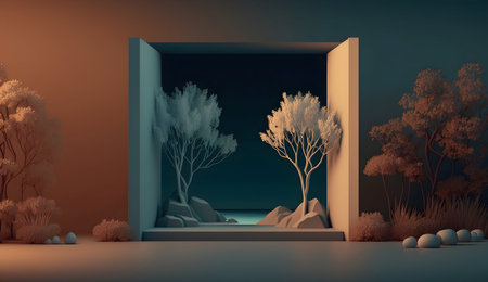 3D Render of Boxed Scandinavian Nature Room Landscape Backgroundの素材