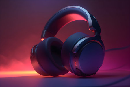 3D Render of Black Headphones with Glowing Red Backgroundの素材