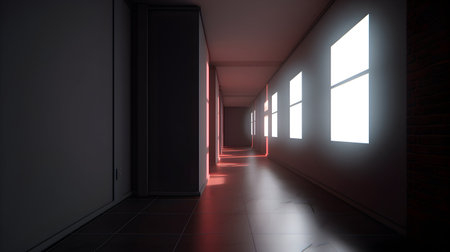 3d render of an empty corridor with light coming through the windowの素材