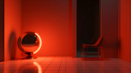 3d rendering of a modern interior with a metal sphere and chairの素材