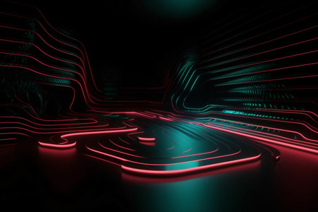 3D Render of Colorful Curving Abstract Lines Background Redの素材